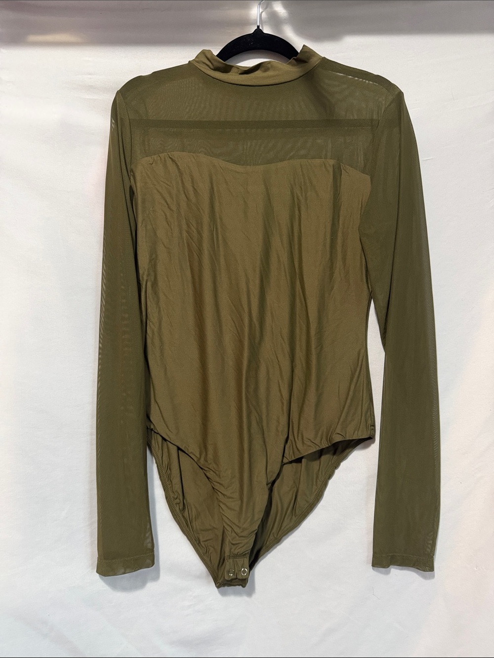 Olive Green Long-Sleeve Mesh Panel Bodysuit